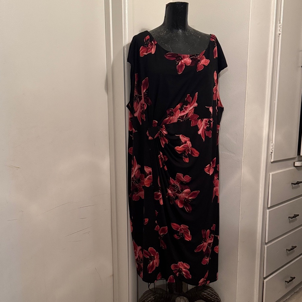 Connected Apparel Black Dress with Red Floral Design